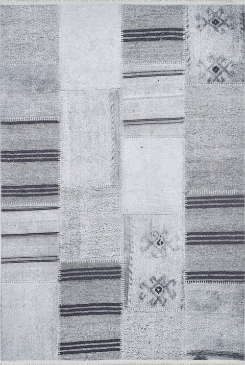 Grey Patchwork Area Rug - Digital Print Non Slip Washable Carpet for Living Room