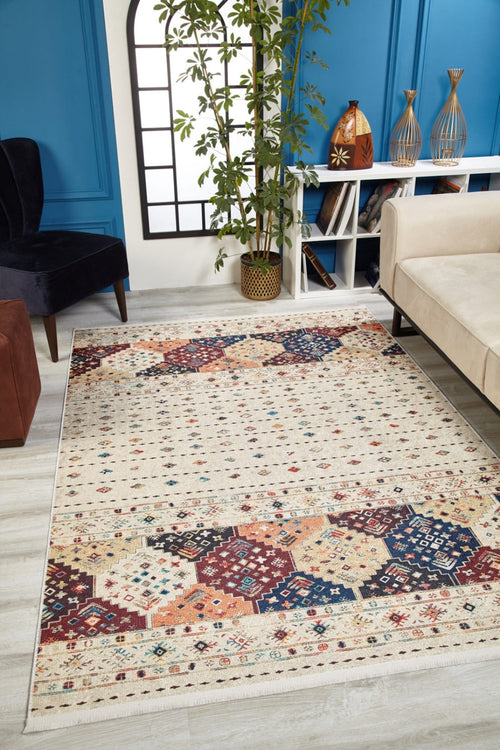 Geometric Area Rug - Digital Print Cream Carpet with Non Slip Pad for Modern Living Room