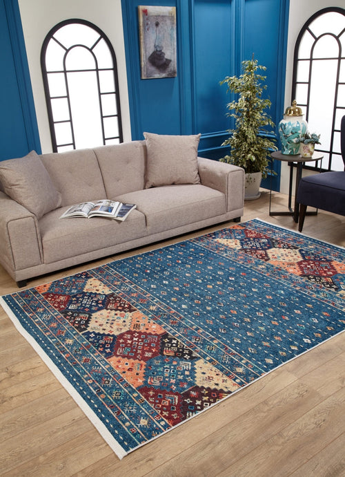 Blue Geometric Area Rug - Digital Print Washable Non Slip Carpet for Living Room