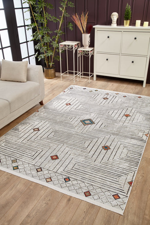 Beige Geometric Area Rug - Digital Print Non Slip Carpet for Living Room