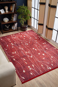 Modern Area Rug - Floral Red Digital Print Non Slip Carpet for Living Room