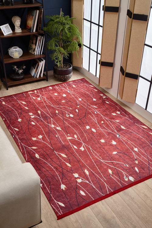 Modern Area Rug - Floral Red Digital Print Non Slip Carpet for Living Room