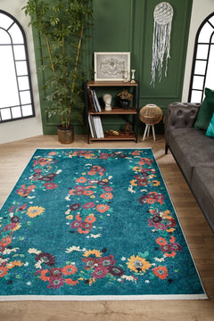 Blue Floral Area Rug - Digital Print Non Slip Washable Carpet for Living Room