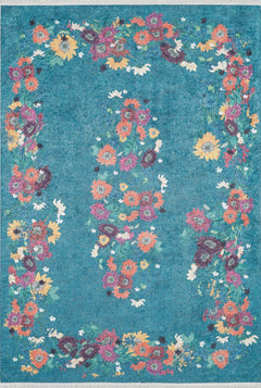 Blue Floral Area Rug - Digital Print Non Slip Washable Carpet for Living Room
