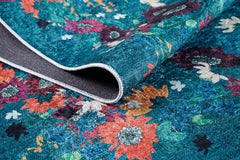 Blue Floral Area Rug - Digital Print Non Slip Washable Carpet for Living Room