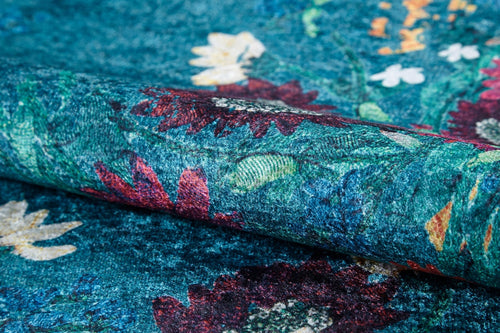 Blue Floral Area Rug - Digital Print Non Slip Washable Carpet for Living Room