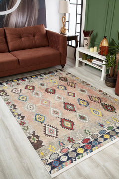 Geometric Area Rug | Beige Digital Print Carpet - Non Slip, Antibacterial, Washable