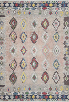 Geometric Area Rug | Beige Digital Print Carpet - Non Slip, Antibacterial, Washable