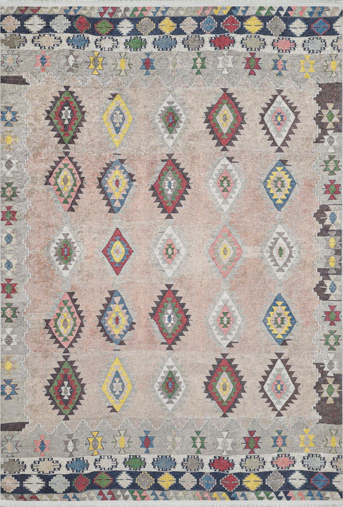 Geometric Area Rug | Beige Digital Print Carpet - Non Slip, Antibacterial, Washable