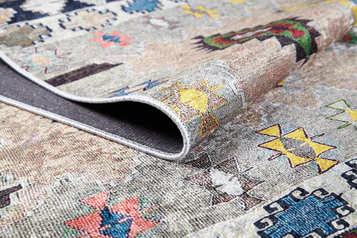 Geometric Area Rug | Beige Digital Print Carpet - Non Slip, Antibacterial, Washable