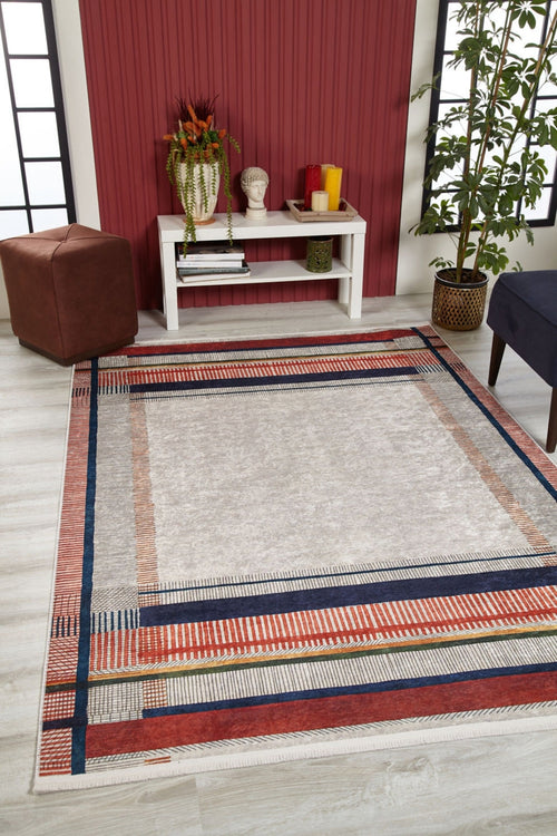 Beige Striped Area Rug - Non Slip Digital Print Rug | Antibacterial Carpet