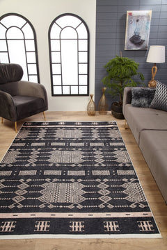 Black Geometric Area Rug | Digital Print, Non Slip, Antibacterial Carpet for Living Room