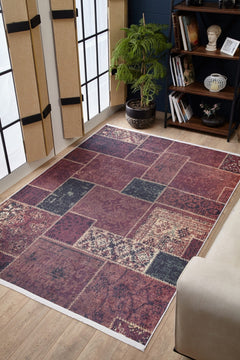 Bielawa Burgundy Patchwork Digital Print Area Rug
