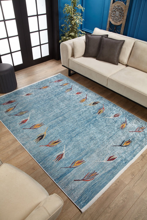 Blue Floral Area Rug – Digital Print Rug, Non Slip Carpet for Living Room