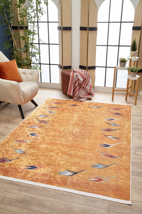 LosReyes Orange Floral Digital Print Area Rug