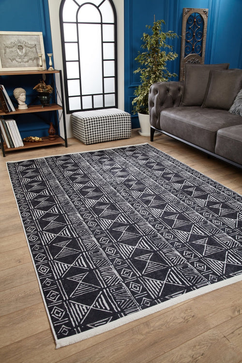 Romero Black Geometric Digital Print Area Rug