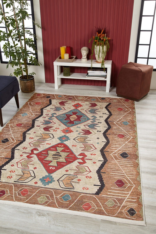 Cream Geometric Area Rug – Digital Print, Non Slip, Antibacterial Carpet