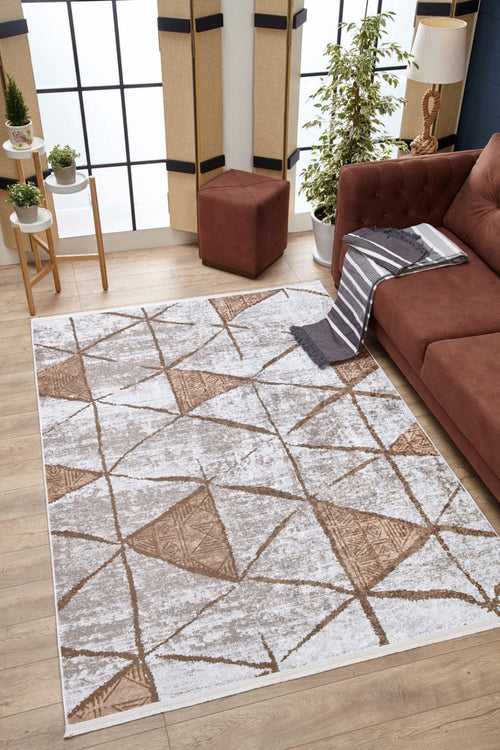 Beige Geometric Area Rug – Digital Print Non Slip Washable Carpet for Living Room