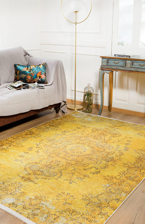 Yellow Vintage Area Rug – Digital Print Rug | Antibacterial, Non Slip, Washable Carpet