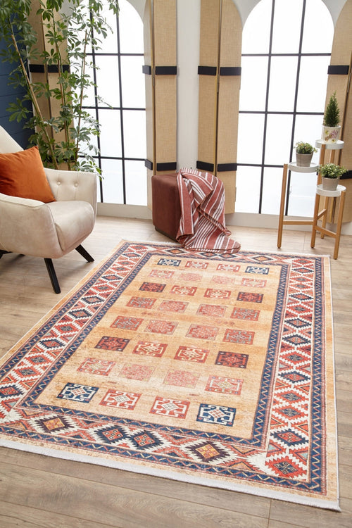 Orange Geometric Area Rug – Faridabad Digital Print, Antibacterial Non-Slip Carpet