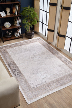 Digital Print Area Rug – Beige Frame Design Non Slip Carpet for Living Room