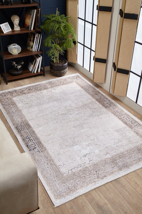 Digital Print Area Rug – Beige Frame Design Non Slip Carpet for Living Room