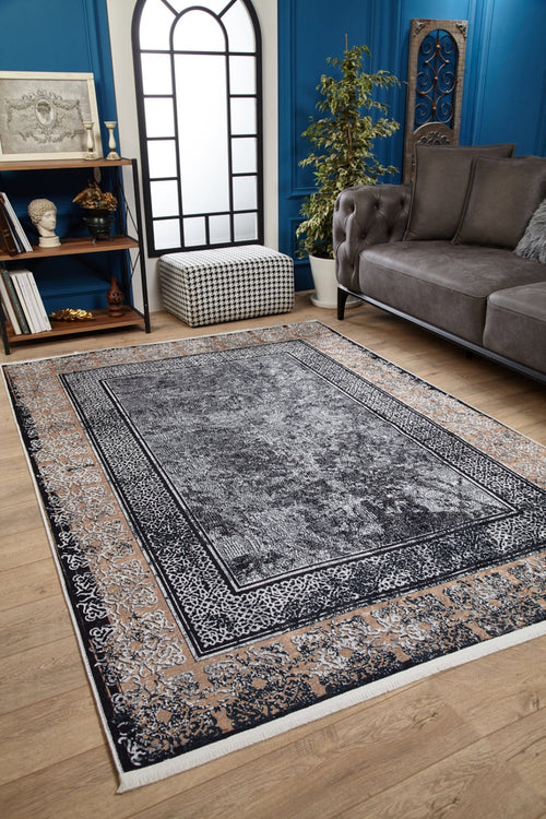 Grey Frame Area Rug - Digital Print Rug | Non Slip, Antibacterial Carpet for Living Room