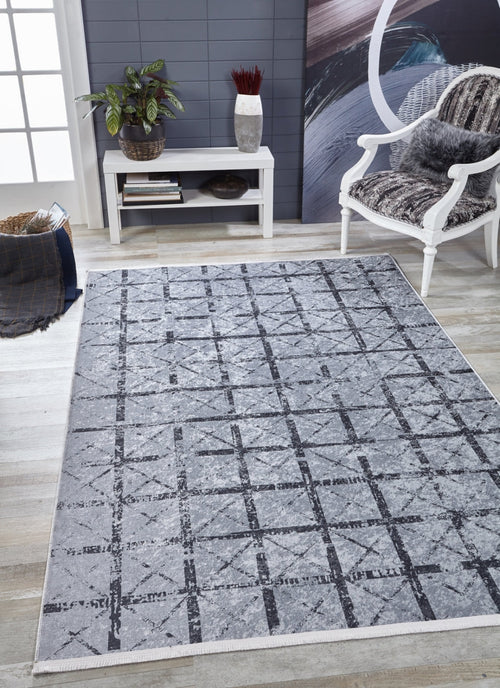 Grey Geometric Area Rug - Digital Print Non Slip Washable Carpet for Living Room