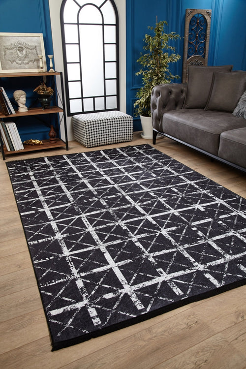 Digital Print Area Rug – Black Striped Non Slip Floor Carpet for Living Room