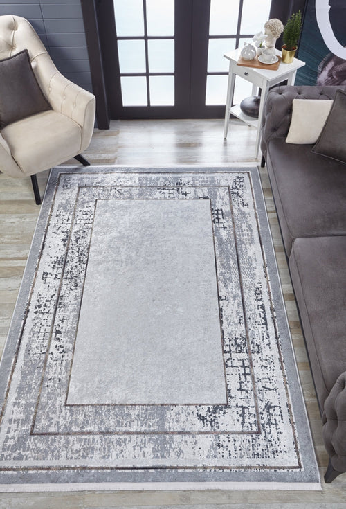 Digital Print Area Rug - Grey Frame Non Slip Washable Carpet for Home