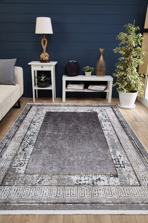 Grey Area Rug - Digital Print Rug With Frame Design | Non Slip, Antibacterial Carpet
