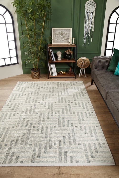 Grey Geometric Area Rug - Digital Print, Non Slip, Antibacterial Carpet for Living Room