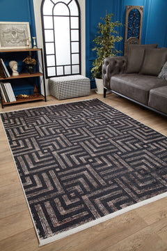 Geometric Area Rug - Anthracite Digital Print Non Slip Washable Carpet