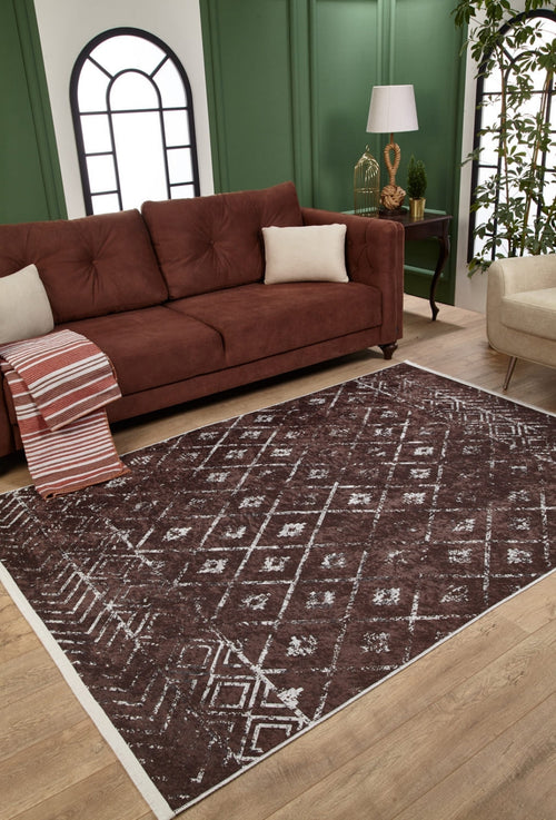 Brown Geometric Area Rug - Digital Print Carpet, Non Slip & Antibacterial Floor Covering