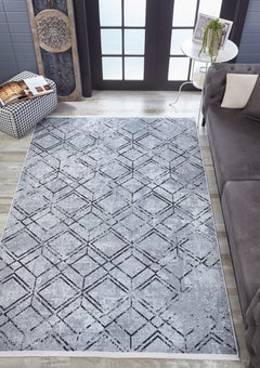 Grey Geometric Area Rug – Digital Print Non Slip Carpet for Living Room