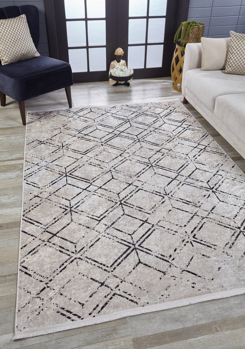 Beige Geometric Area Rug - Digital Print, Non Slip & Antibacterial Carpet for Living Room