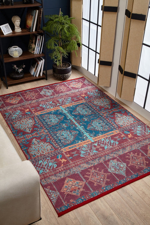 Modern Area Rug – Burgundy Digital Print Carpet | Non Slip, Antibacterial, Washable Floor Covering