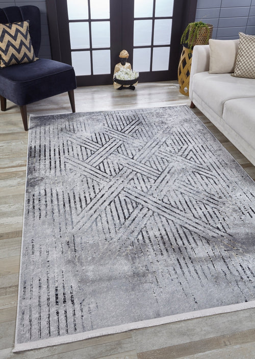 Grey Geometric Area Rug - Digital Print Non Slip Antibacterial Carpet for Modern Living Room