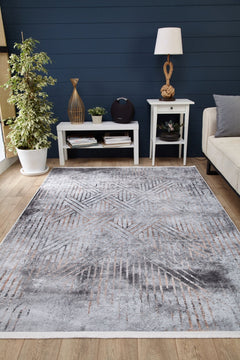 Grey Geometric Area Rug - Non Slip Digital Print Carpet for Living Room