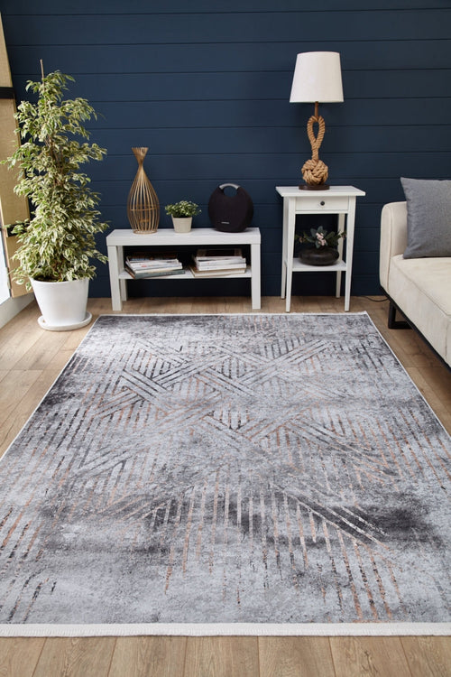 Grey Geometric Area Rug - Non Slip Digital Print Carpet for Living Room