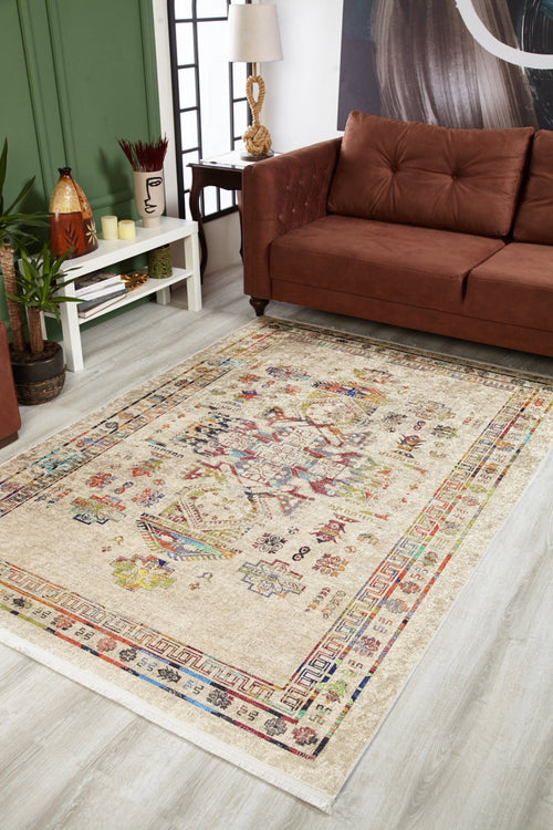 Beige Geometric Area Rug - Digital Print Stylish Non Slip Carpet for Living Room