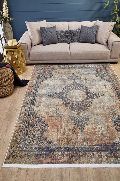 Classic Beige Area Rug – Digital Print Non Slip Carpet for Living Room