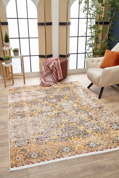 Yellow Area Rug – Classic Digital Print Non Slip Carpet for Living Room Decor