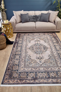 Digital Print Area Rug – Classic Beige Frame Non Slip Carpet for Living Room