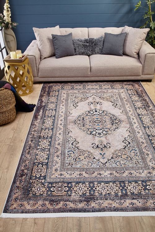 Digital Print Area Rug – Classic Beige Frame Non Slip Carpet for Living Room