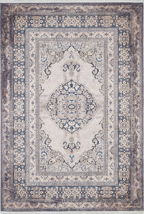 Digital Print Area Rug – Classic Beige Frame Non Slip Carpet for Living Room