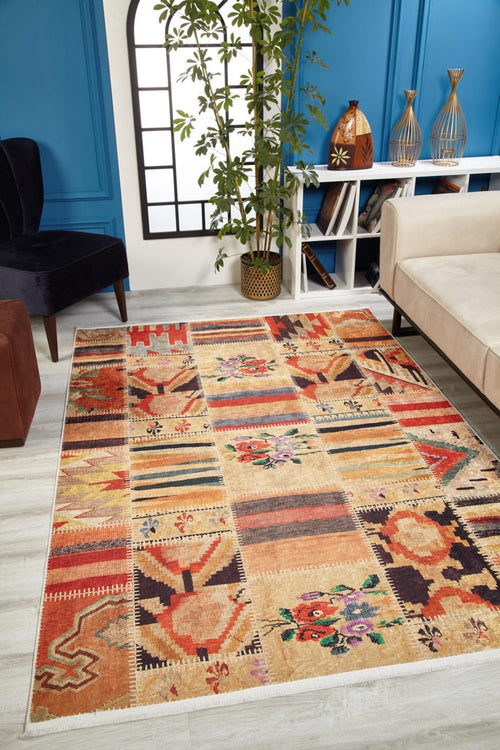 Orange Patchwork Rug - Digital Print Area Rug | Non Slip, Antibacterial Carpet