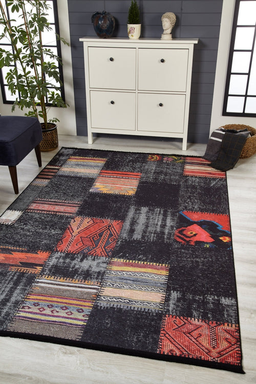Bierun Black Patchwork Digital Print Area Rug