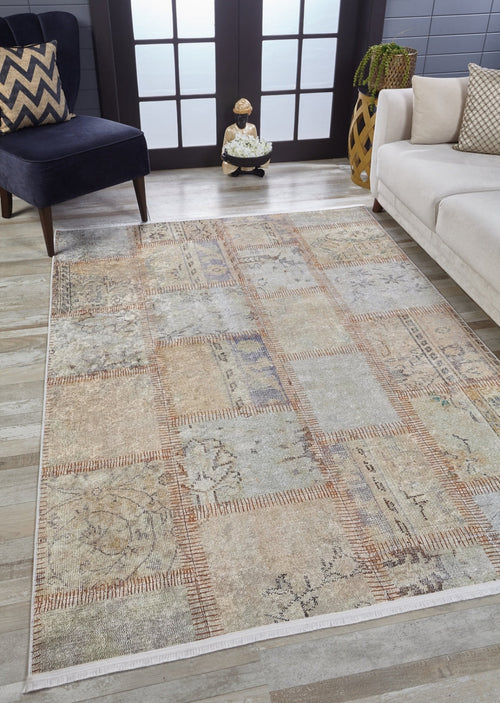 Cream Patchwork Rug - Digital Print Area Carpet Non Slip Antibacterial