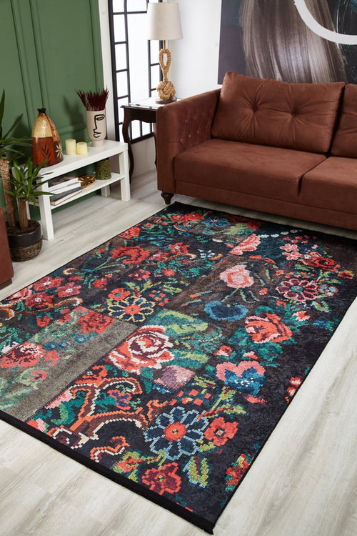 Black Patchwork Rug - Modern Digital Print Non Slip Washable Area Carpet